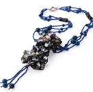 Wholesale Fashion Multi Strands Round Blue Agate And Black Shell Pearl Flower Pendant Necklace