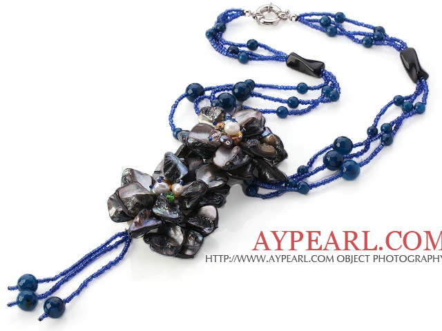 Fashion Multi Strands Round Blue Agate And Black Shell Pearl Flower Pendant Necklace