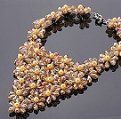 Pretty Multilayer Wired Champagne Teardrop Crystal And Round Seashell Pearl Flower Necklace