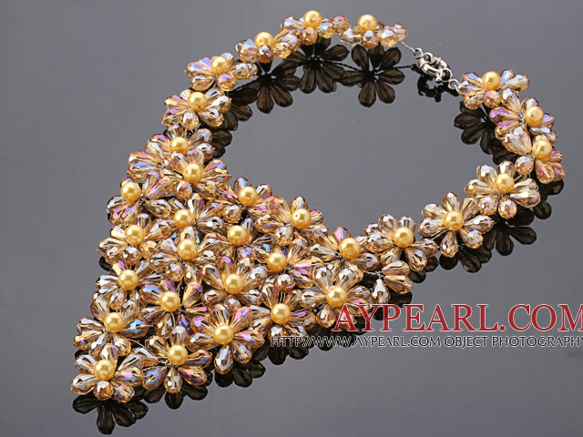 Pretty Multilayer Wired Champagne Teardrop Crystal And Round Seashell Pearl Flower Necklace