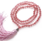 Wholesale Simple Long Style Round Cherry Quartz Beads Necklace with Buddha Head and Pink Tassel(can also be as bracelet)
