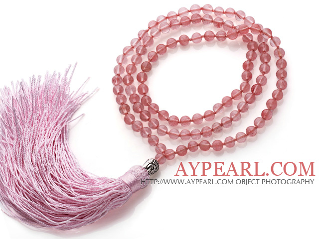 Simple Long Style Round Cherry Quartz Beads Necklace with Buddha Head and Pink Tassel(can also be as bracelet)