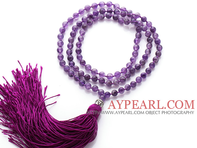 Simple Long Style Round Amethyst Beads Necklace with Buddha Head and Purple Tassel(can also be as bracelet)