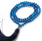 Wholesale Simple Long Style Round Blue Agate Beads Necklace with Buddha Head and Blue Tassel(can also be as bracelet)