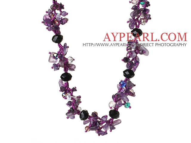 Newly Elegant Cluster Style Natural Amethyst and Crystal Beads Necklace with Magnetic Clasp