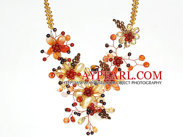 Amazing Gorgeous Carnelian Pearl Crystal and Shell Flower Party Necklace