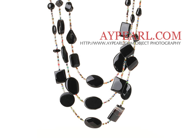 Beautiful Cool Three Layer Irregular Shape Black Agate and Multi Color Crystal Beads Necklace (Random Shape for Agate)