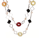 Wholesale Beautiful Long Style White Pearl Rhombus Shape Black Agate and Three Colored Jade Necklace