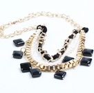 Wholesale 2015 Trendy Style Natural White Freshwater Pearl Square Shape Black Agate Necklace with Golden Chain