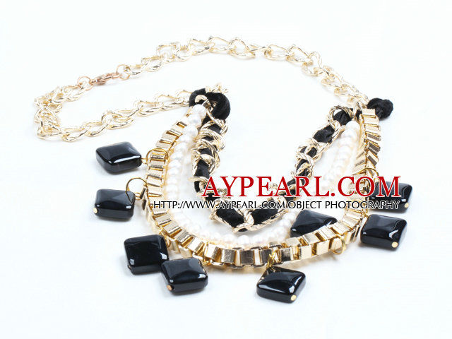 2015 Trendy Style Natural White Freshwater Pearl Square Shape Black Agate Necklace with Golden Chain