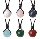 Wholesale 6 Pcs Simple Summer Design Multi Color Round Agate Rose Quartz White Porcelain Blue Topaz And Lapis Beads Pendant Necklace with Adjustable Hand-Knitted Thread