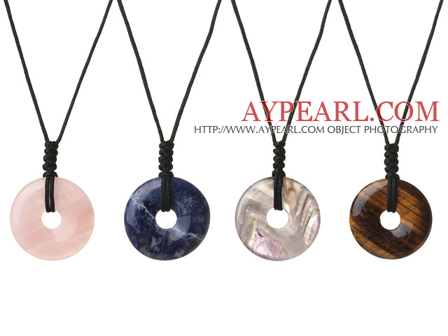 4 Pcs Simple Fashion Donut Shape Rose Quartz Sodalite Amethyst Tiger Eye Stone Pendant Necklace With Adjustable Hand-Knitted Thread