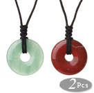 2 Pcs Simple Fashion Donut Shape Aventurine And Red Jasper Pendant Necklace With Adjustable Hand-Knitted Thread