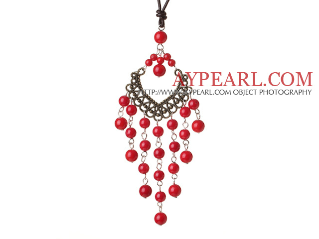 Vintage Style Chandelier Shape Red Coral Beads Pendant Necklace with Brown Leather