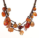 Wholesale Vintage Style Multi Strands Natural Agate And Brown Crystal Brown Leather Necklace