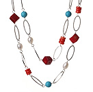Wholesale Long Style Double Strand White Pearl Blue Turquoise Red Coral Necklace With Loop Alloyed Chain