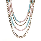 Wholesale Gorgeous Fashion Multi Layer Rose Quartz White Pearl And Cyanite Party Necklace With Golden Alloyed Chain