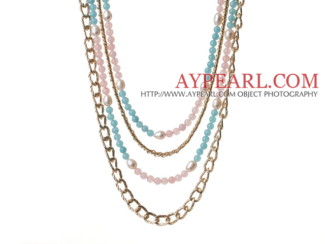 Gorgeous Fashion Multi Layer Rose Quartz White Pearl And Cyanite Party Necklace With Golden Alloyed Chain