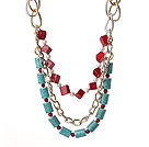 Fantastic Fashion Cube Shape Red Coral Cylinder Shape Turquoise And White Pearl Multi Layer Necklace With Alloyed Chain