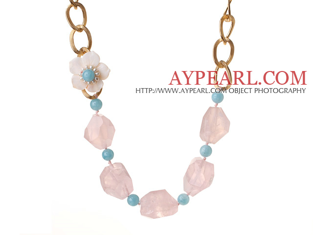 Beautiful Irregular Shape Rose Quartz Cyanite Beads White Pearl Shell Flower Party Necklace