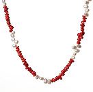 Fashion Long Style Irregular Shape Red Coral And Natural White Pearl Neckalce