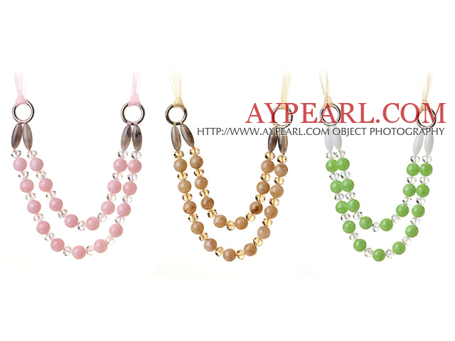 3 Pcs Fashion Double Layer Pink Green Brown Acrylic Beads And Clear Crystal Necklace