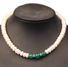 Noble Graceful Natural White Freshwater Pearl & Green Agate Beads Necklace
