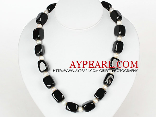 Cube Black Agate and White Pearl Necklace with Moonligth Clasp