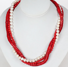 Three Strands White Pearl and Red Coral Necklace with Moonlight Clasp