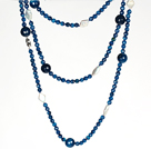 Wholesale Long Necklace White Pearl and Faceted Blue Agate Beads Necklace