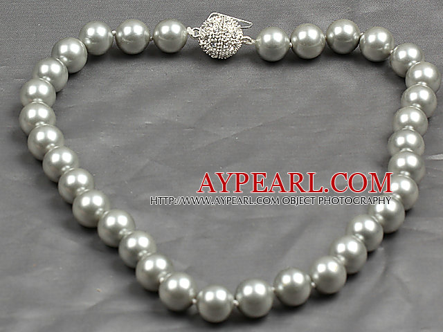 Fashion Single Strand 12Mm Mid Grey Round Seashell Beads Necklace With Rhinestone Magnetic Clasp