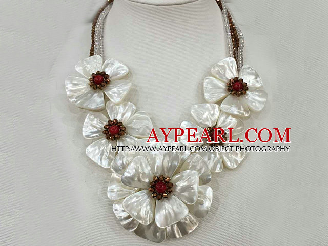Fantastic Statement White Shell Flower Clear and Brown Crystal Party / Wedding Necklace
