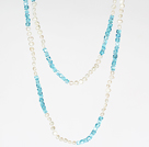 Fashion Long Necklace 6-7mm White Freshwater Pearl and Sky Blue Crystal Necklace