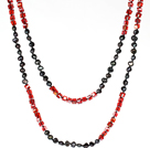 Long Necklace for Women 6-7mm Black Pearl and Red Crystal Necklace