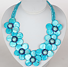 Sky Blue Color Crystal and Shell Flower Party Necklace