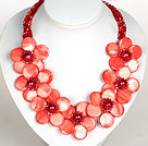 Watermelon Red Color Crystal and Shell Flower Party Necklace