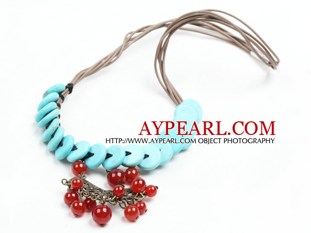 Chic Style Flat Round Turquoise Chandelier Shape Red Agate Beads Pendant Necklace With Brown Leather