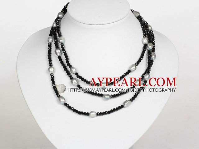 Black Color Baroque Pearl Crystal Long Style Necklace