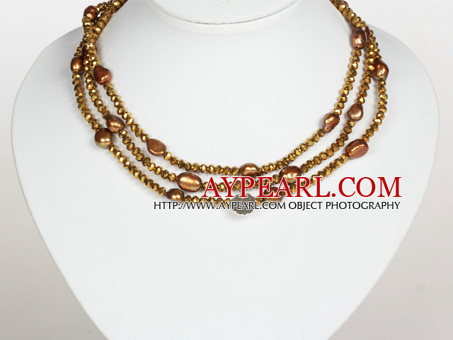 Golden Brown Color Baroque Pearl Crystal Long Style Necklace