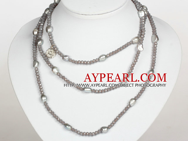 Silver Gray Color Blue Baroque Pearl Crystal Long Style Necklace