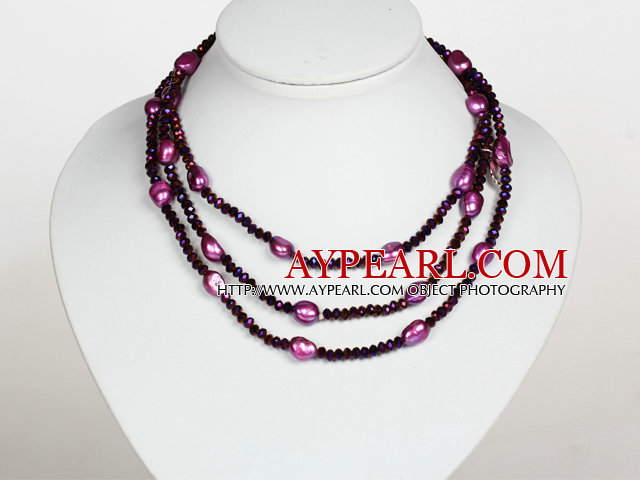 Dark Purple Color Baroque Pearl Crystal Long Style Necklace