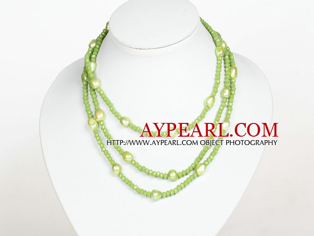 Grass Green Color Baroque Pearl Crystal Long Style Necklace