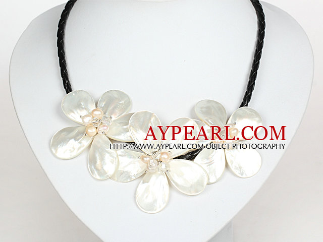 White Pearl Crystal and Shell Flower Necklace with Magnetic Clasp
