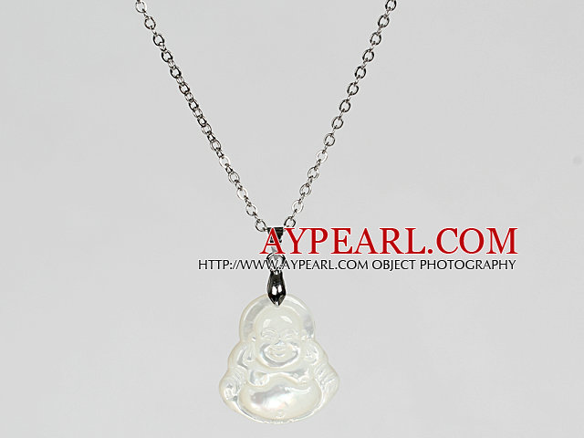 White Sea Shell Laugh Buddha Pendant Necklace with Metal Clasp
