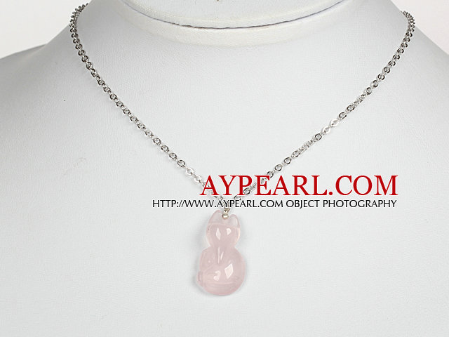 Rose Quartz Mini Fox Pendant Necklace with Metal Chain