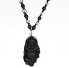 Obsidian Beads and Clear Crystal Necklace with Laugh Baddha Pendant