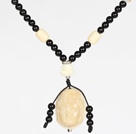 Wholesale Obsidian Beads and White Agate Necklace with Corozo Nut Laugh Baddha Pendant