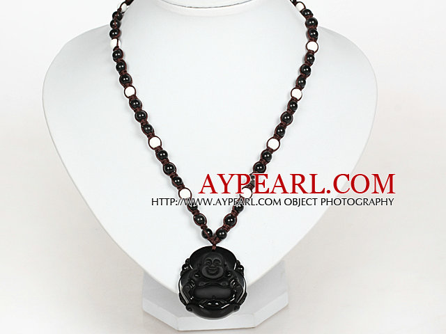 Obsidian Beads and White Porcelain Stone Necklace with Laugh Baddha Pendant