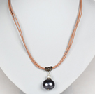 Black Gray Potato Shape Sea Shell Beads Pendant Leather Necklace