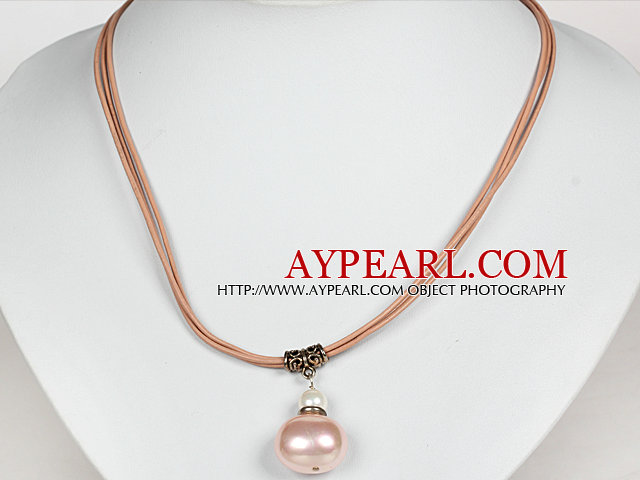 Pink Potato Shape Sea Shell Beads Pendant Leather Necklace